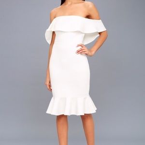 white off-the-shoulder bodycon midi dress